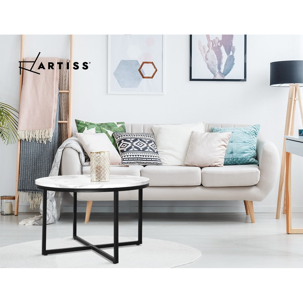 Artiss Coffee Table Marble Effect Round Black Metal 70X70CM freeshipping - Awezingly