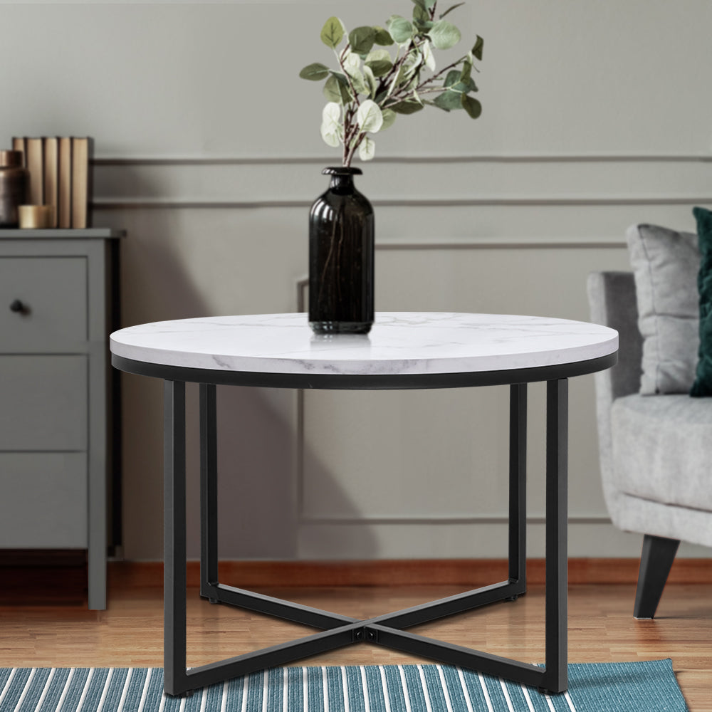 Artiss Coffee Table Marble Effect Round Black Metal 70X70CM freeshipping - Awezingly
