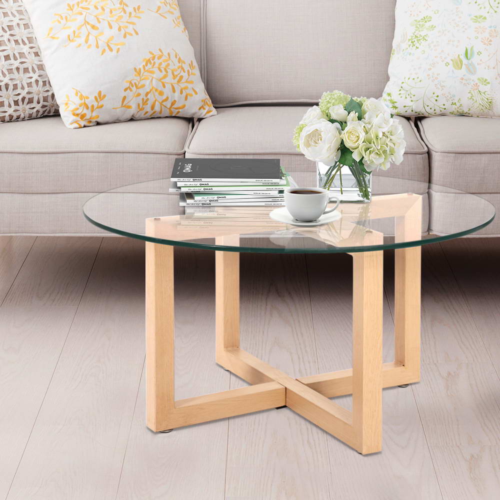 Artiss Tempered Glass Round Coffee Table - Beige freeshipping - Awezingly