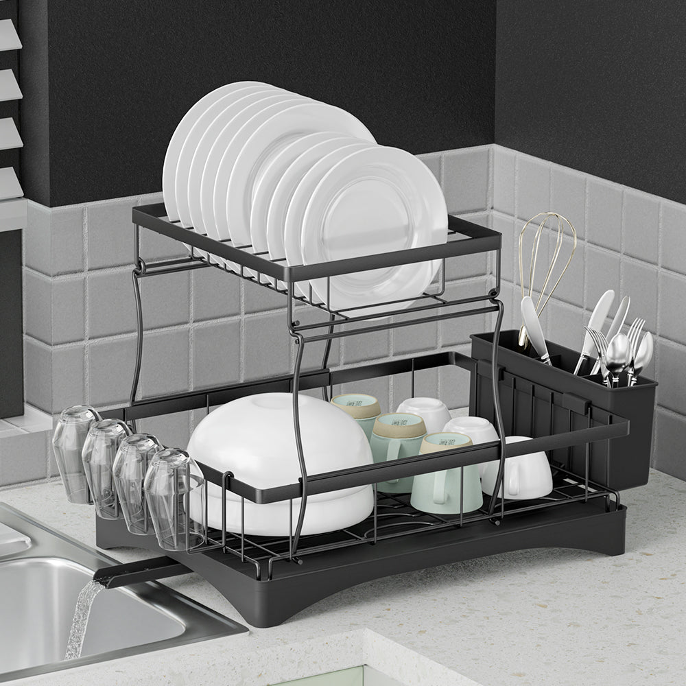Cefito Dish Rack Expandable Drying Drainer Cutlery Holder Tray Kitchen 2 Tiers Cefito