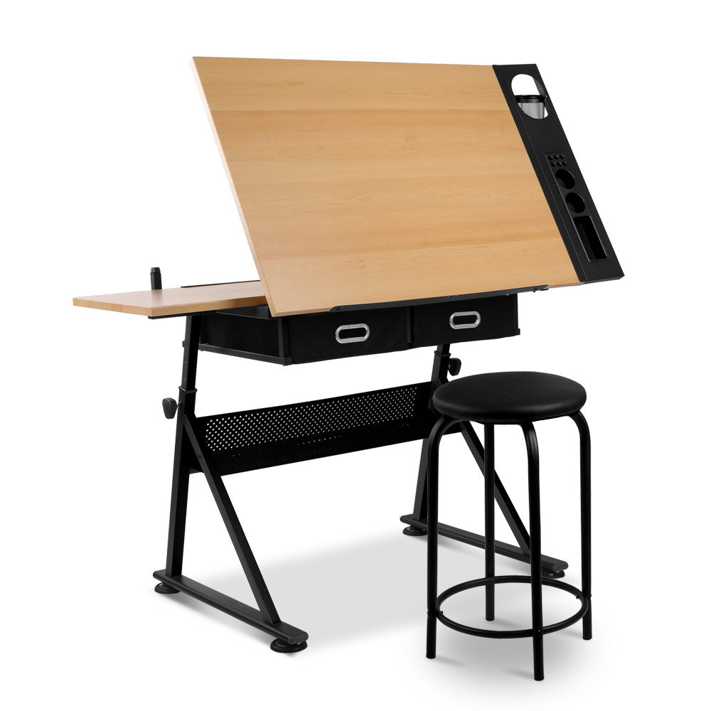 Artiss Tilt Drafting Table Stool Set - Natural & Black Artiss
