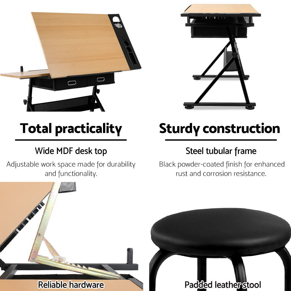 Artiss Tilt Drafting Table Stool Set - Natural & Black Artiss