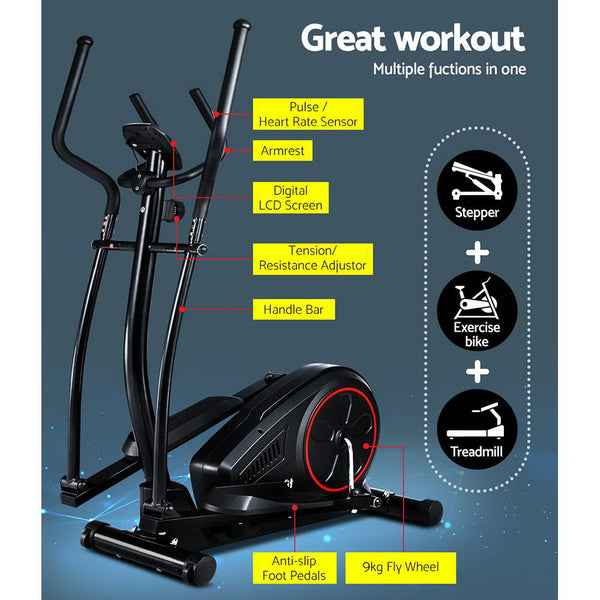Everfit Elliptical Cross Trainer Exercise Bike Fitness Equipment Home Gym Black Everfit
