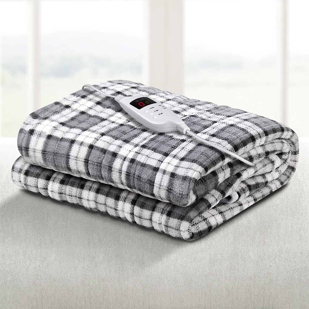 Giselle Bedding Electric Throw Rug Flannel Snuggle Blanket Washable Heated Grey and White Checkered Giselle Bedding