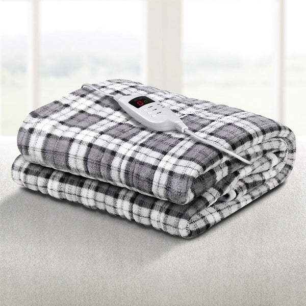 Giselle Bedding Electric Throw Rug Flannel Snuggle Blanket Washable Heated Grey and White Checkered Giselle Bedding
