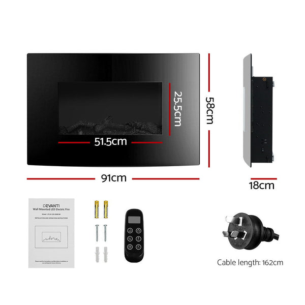 Devanti 2000W Wall Mounted Electric Fireplace Fire Log Wood Heater Realistic Flame Devanti