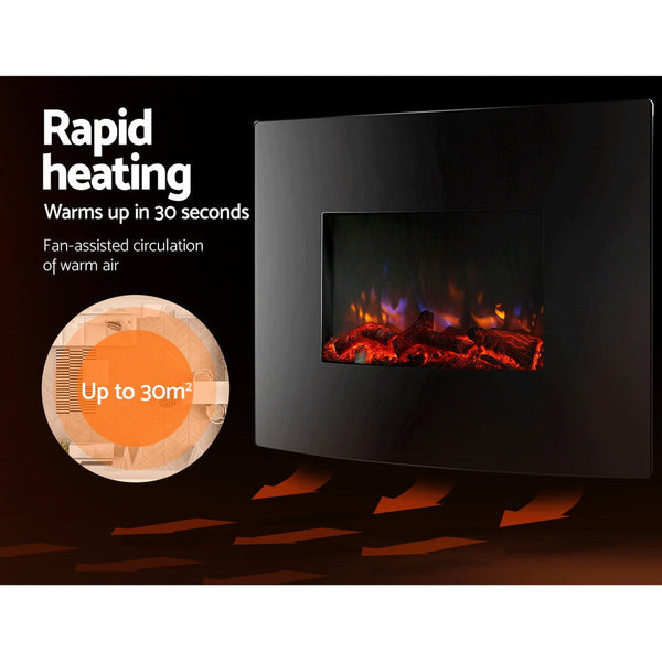 Devanti 2000W Wall Mounted Electric Fireplace Fire Log Wood Heater Realistic Flame Devanti