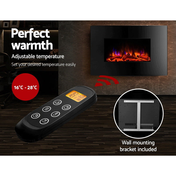 Devanti 2000W Wall Mounted Electric Fireplace Fire Log Wood Heater Realistic Flame Devanti