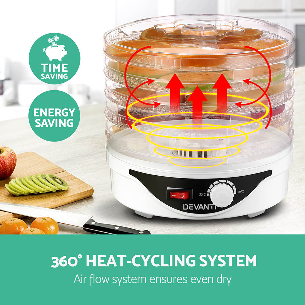 Devanti 5 Trays Food Dehydrator Fruit Dehydrators Pet Beef Jerky Dryer White Devanti