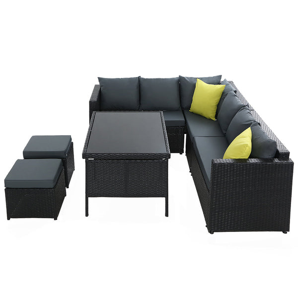 Gardeon Outdoor Furniture Patio Set Dining Sofa Table Chair Lounge Wicker Garden Black Gardeon