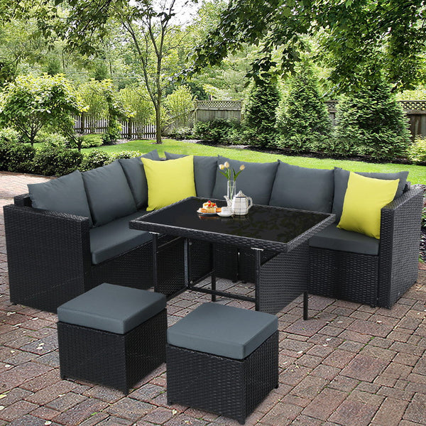 Gardeon Outdoor Furniture Patio Set Dining Sofa Table Chair Lounge Wicker Garden Black Gardeon