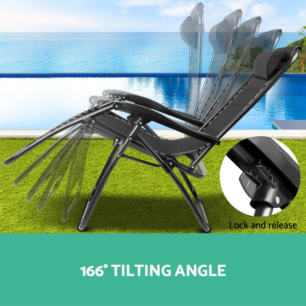 2 x Gardeon Zero Gravity Chairs Reclining Outdoor Furniture - Black freeshipping - Awezingly