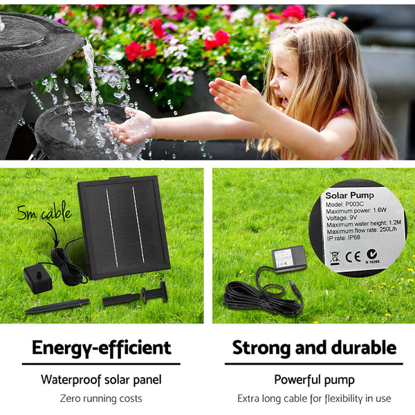 Gardeon 3 Tier Solar Powered Water Fountain with Light - Blue Gardeon