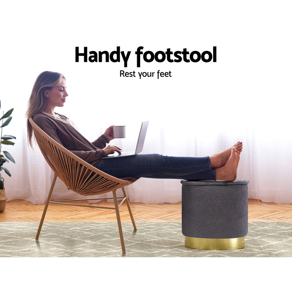 Artiss Ottoman Round Foot Stool Teddy Fabric Foot Rest Padded Seat Charcoal Artiss