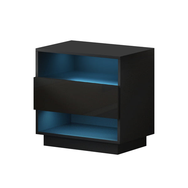 Artiss Bedside Tables Side Table RGB LED Drawers Nightstand High Gloss Black Artiss
