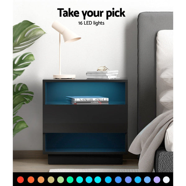 Artiss Bedside Tables Side Table RGB LED Drawers Nightstand High Gloss Black Artiss