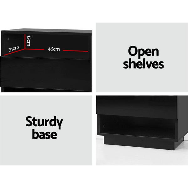 Artiss Bedside Tables Side Table RGB LED Drawers Nightstand High Gloss Black Artiss