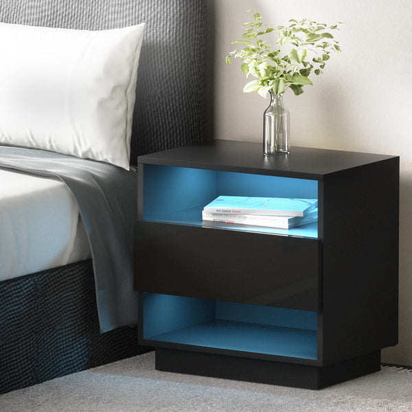 Artiss Bedside Tables Side Table RGB LED Drawers Nightstand High Gloss Black Artiss