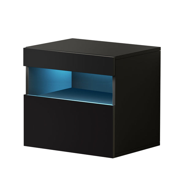 Artiss Bedside Tables Drawers Side Table RGB LED High Gloss Nightstand Black Artiss