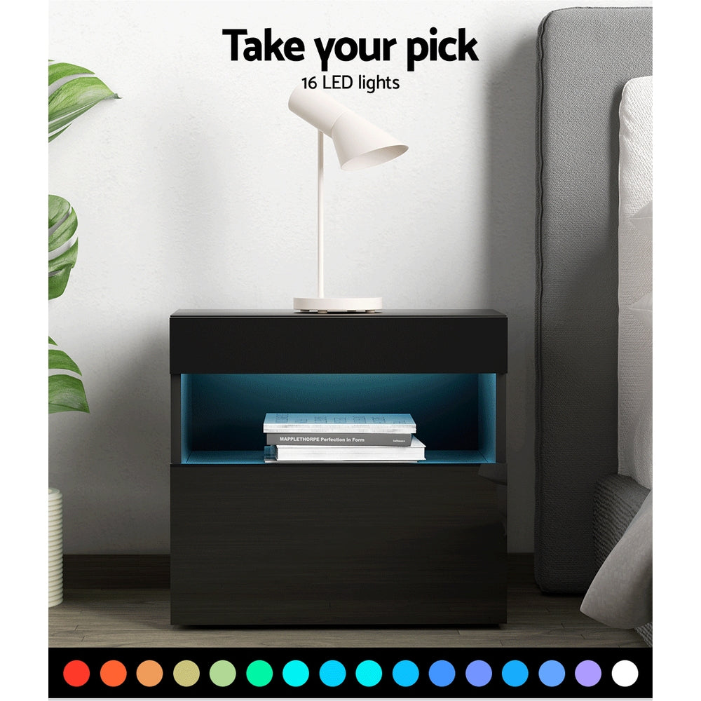 Artiss Bedside Tables Drawers Side Table RGB LED High Gloss Nightstand Black Artiss