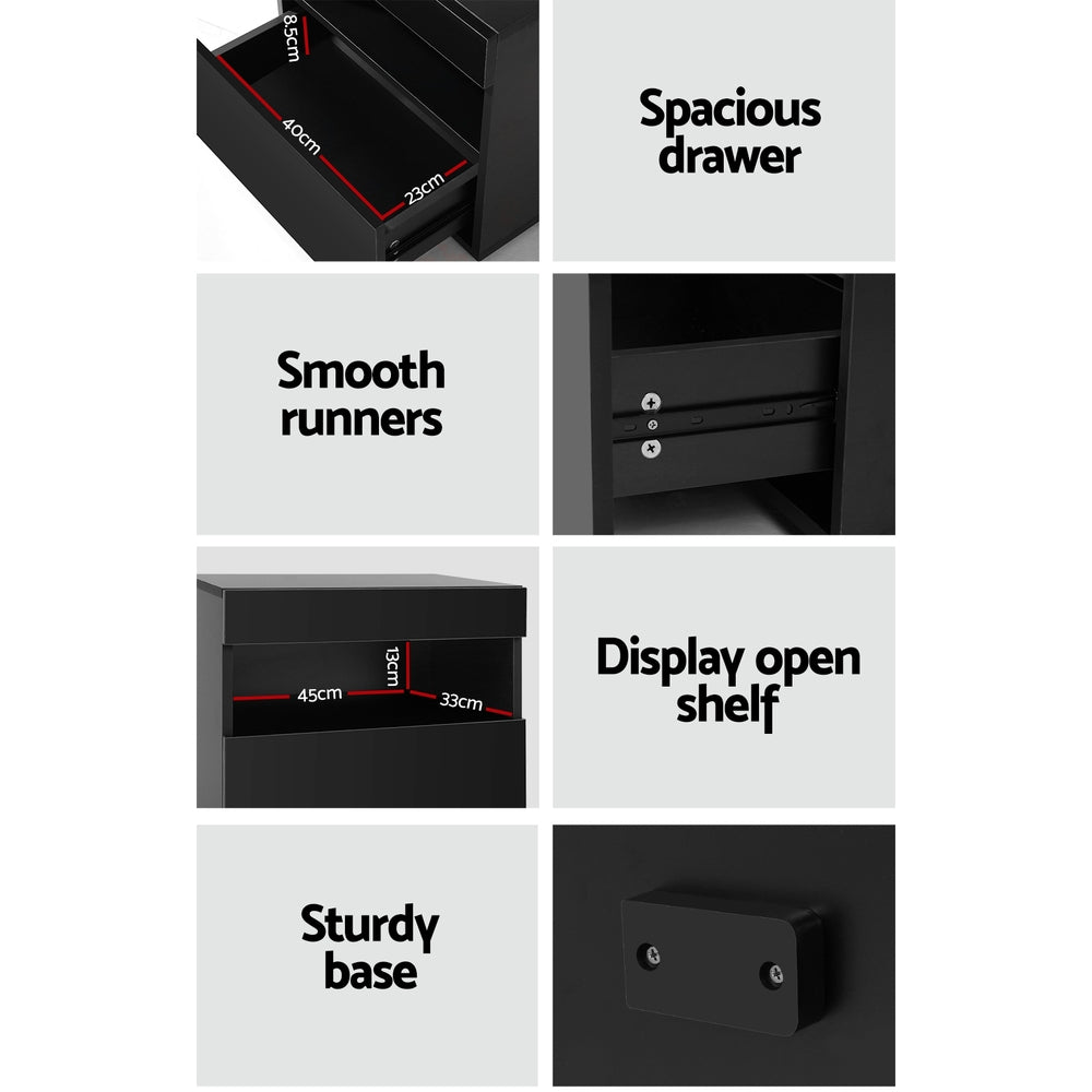 Artiss Bedside Tables Drawers Side Table RGB LED High Gloss Nightstand Black Artiss