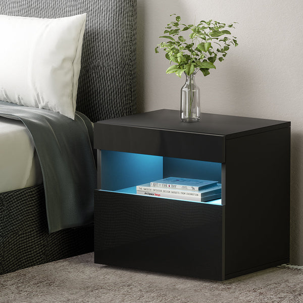 Artiss Bedside Tables Drawers Side Table RGB LED High Gloss Nightstand Black Artiss