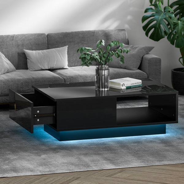 Artiss Coffee Table LED Lights High Gloss Storage Drawer Modern Furniture Black Artiss