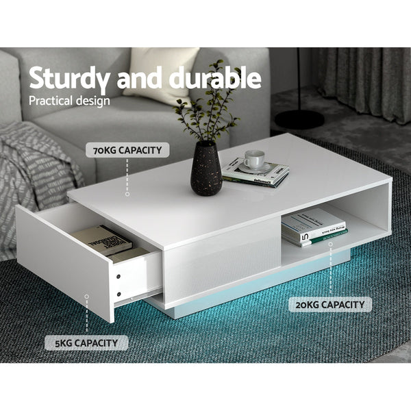 Artiss Coffee Table LED Lights High Gloss Storage Drawer Modern Furniture White Artiss