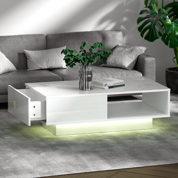 Artiss Coffee Table LED Lights High Gloss Storage Drawer Modern Furniture White Artiss