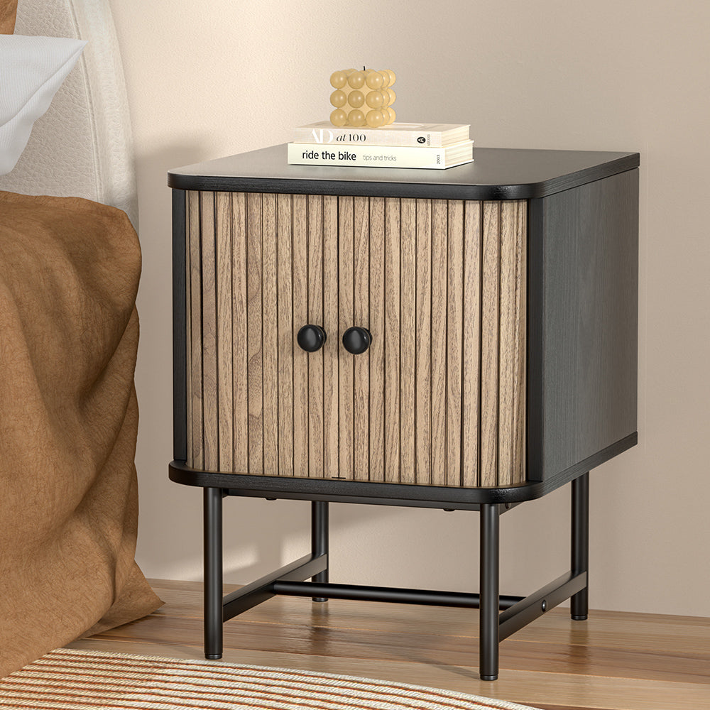 Artiss Bedside Table Side End Table Slidng Doors Storage Nightstand Black BORIS Artiss