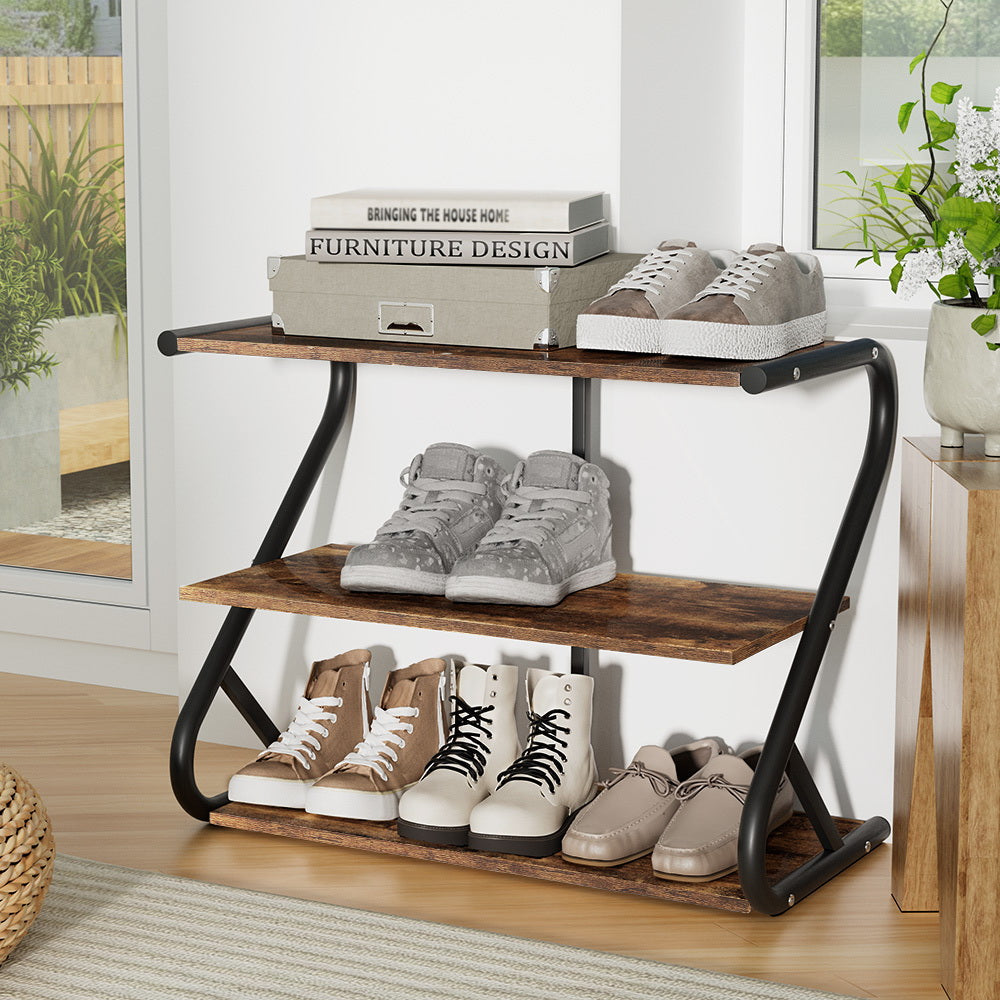 Artiss Shoe Rack Storage Shelves Organiser 3 Tiers Shoe Stand Industrial Black Artiss
