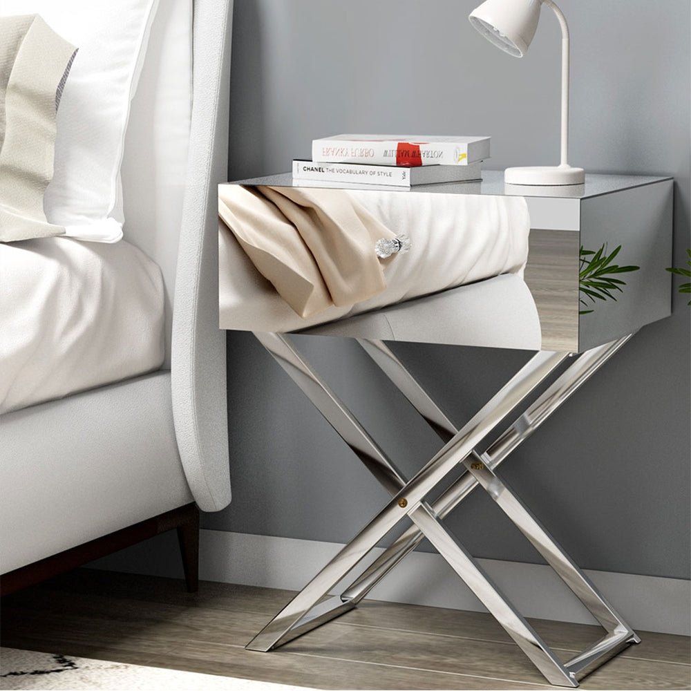 Artiss Mirrored Bedside Table Side End Table Drawers Nightstand Bedroom Silver Artiss