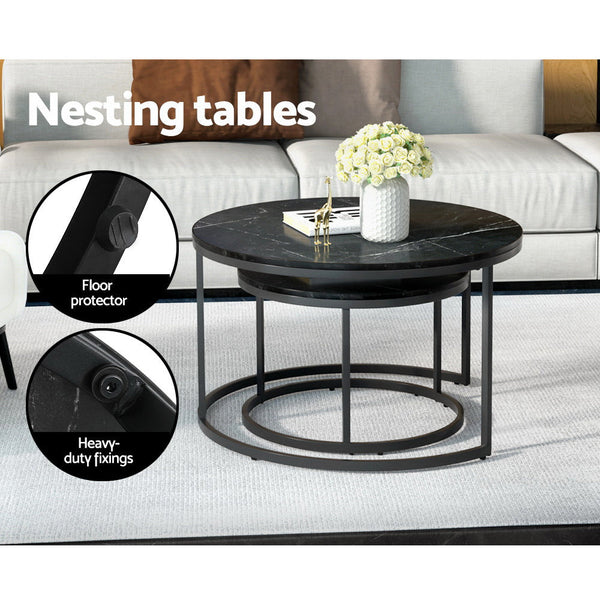 Artiss Nesting Coffee Tables Set of 2 Marble-effect Top 80/60CM Black Metal Base Artiss