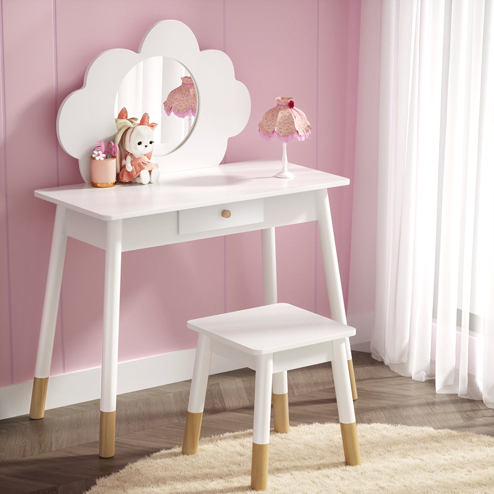 Keezi Kids Vanity Makeup Dressing Table Chair Set Wooden Mirror Drawer White Keezi