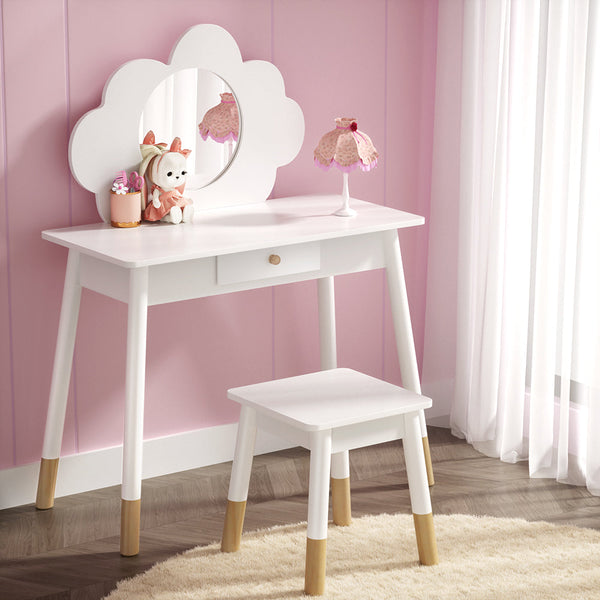 Keezi Kids Vanity Makeup Dressing Table Chair Set Wooden Mirror Drawer White Keezi