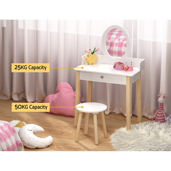 Keezi Kids Vanity Makeup Dressing Table Chair Set Wooden Leg Drawer Mirror White Keezi