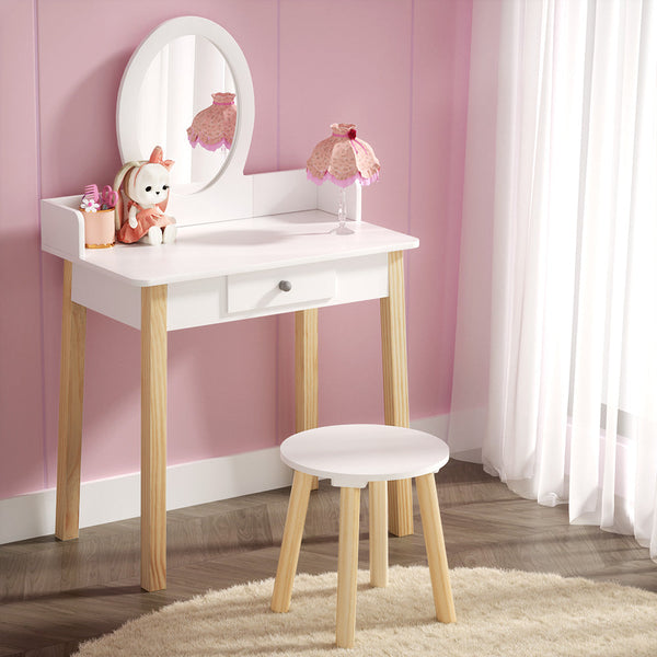 Keezi Kids Vanity Makeup Dressing Table Chair Set Wooden Leg Drawer Mirror White Keezi
