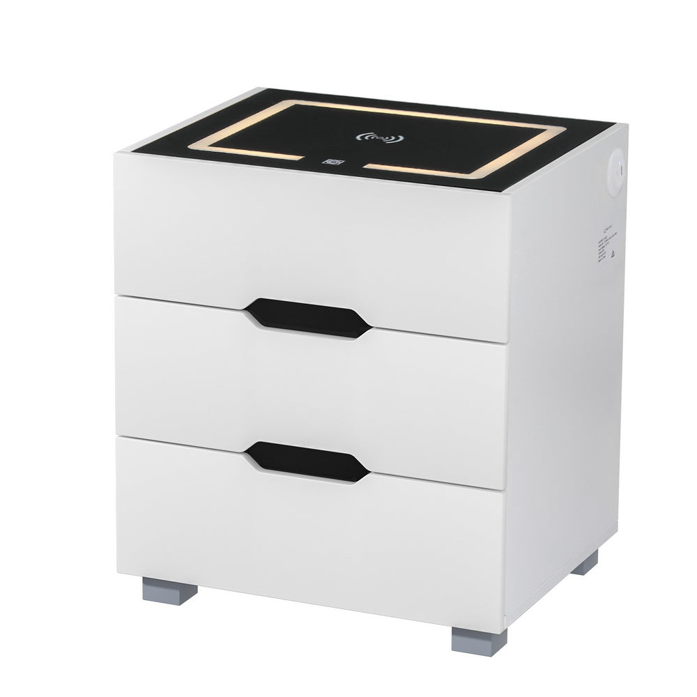 Artiss Smart Bedside Table 3 Drawers with Wireless Charging Ports LED White ADAD Artiss
