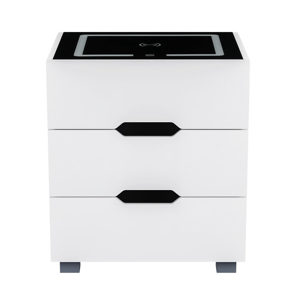 Artiss Smart Bedside Table 3 Drawers with Wireless Charging Ports LED White ADAD Artiss