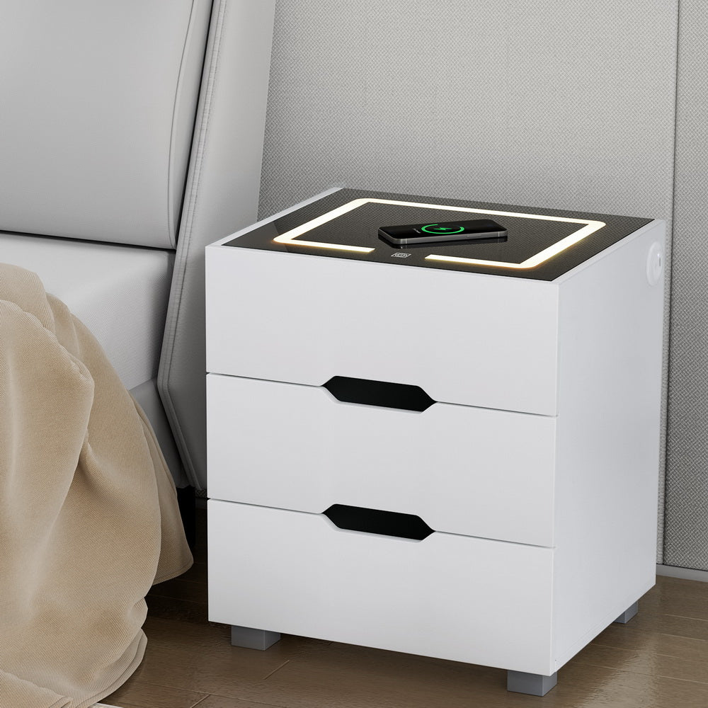 Artiss Smart Bedside Table 3 Drawers with Wireless Charging Ports LED White ADAD Artiss
