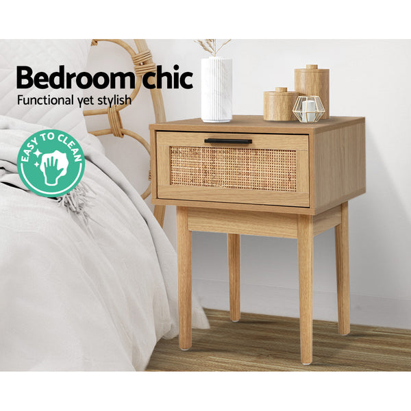 Artiss Bedside Tables Table 1 Drawer Storage Cabinet Rattan Wood freeshipping - Awezingly