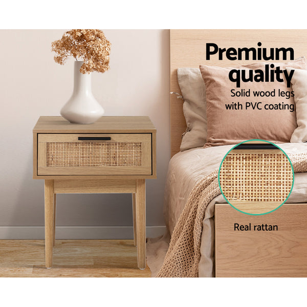 Artiss Bedside Tables Table 1 Drawer Storage Cabinet Rattan Wood freeshipping - Awezingly