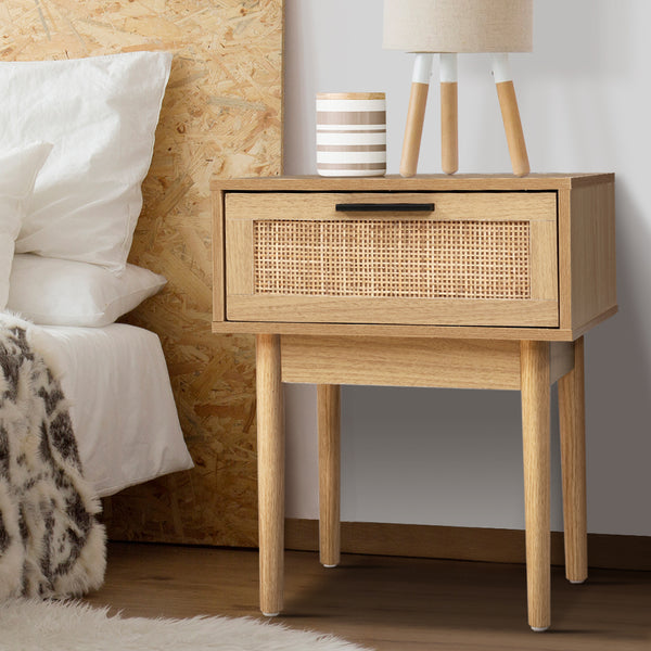 Artiss Bedside Tables Table 1 Drawer Storage Cabinet Rattan Wood freeshipping - Awezingly