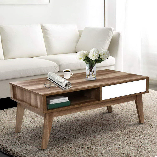 Artiss Coffee Table 2 Storage Drawers Open Shelf Scandinavian Wooden White freeshipping - Awezingly