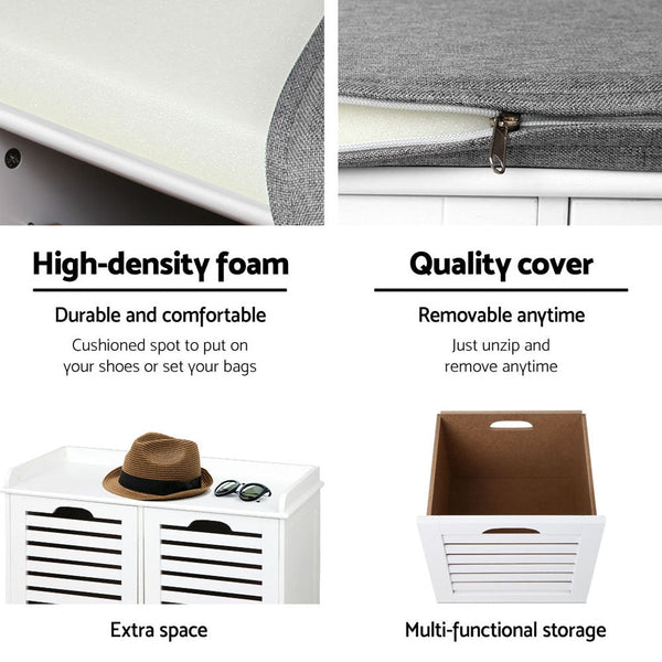 Artiss Fabric Shoe Bench with Drawers - White & Grey Artiss