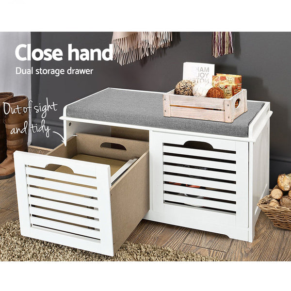 Artiss Fabric Shoe Bench with Drawers - White & Grey Artiss