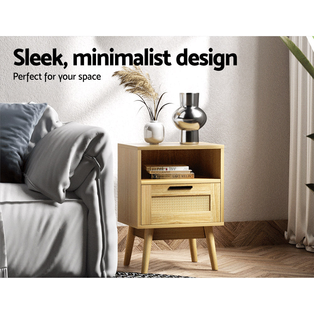 Artiss Bedside Tables Rattan Drawers Side Table Nightstand Storage Cabinet Wood Artiss