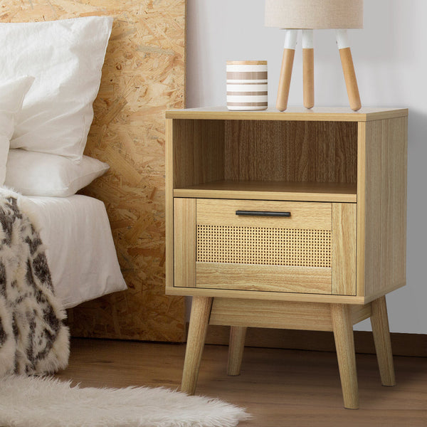 Artiss Bedside Tables Rattan Drawers Side Table Nightstand Storage Cabinet Wood Artiss