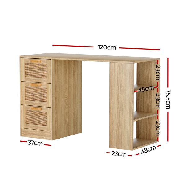 Artiss Computer Desk Drawer Shelf Home Office Study Table Rattan Oak 120CM Artiss