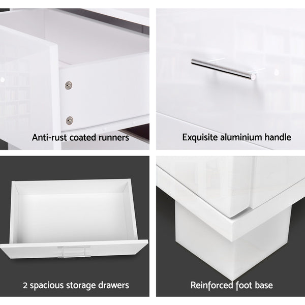 Artiss High Gloss Two Drawers Bedside Table - White freeshipping - Awezingly